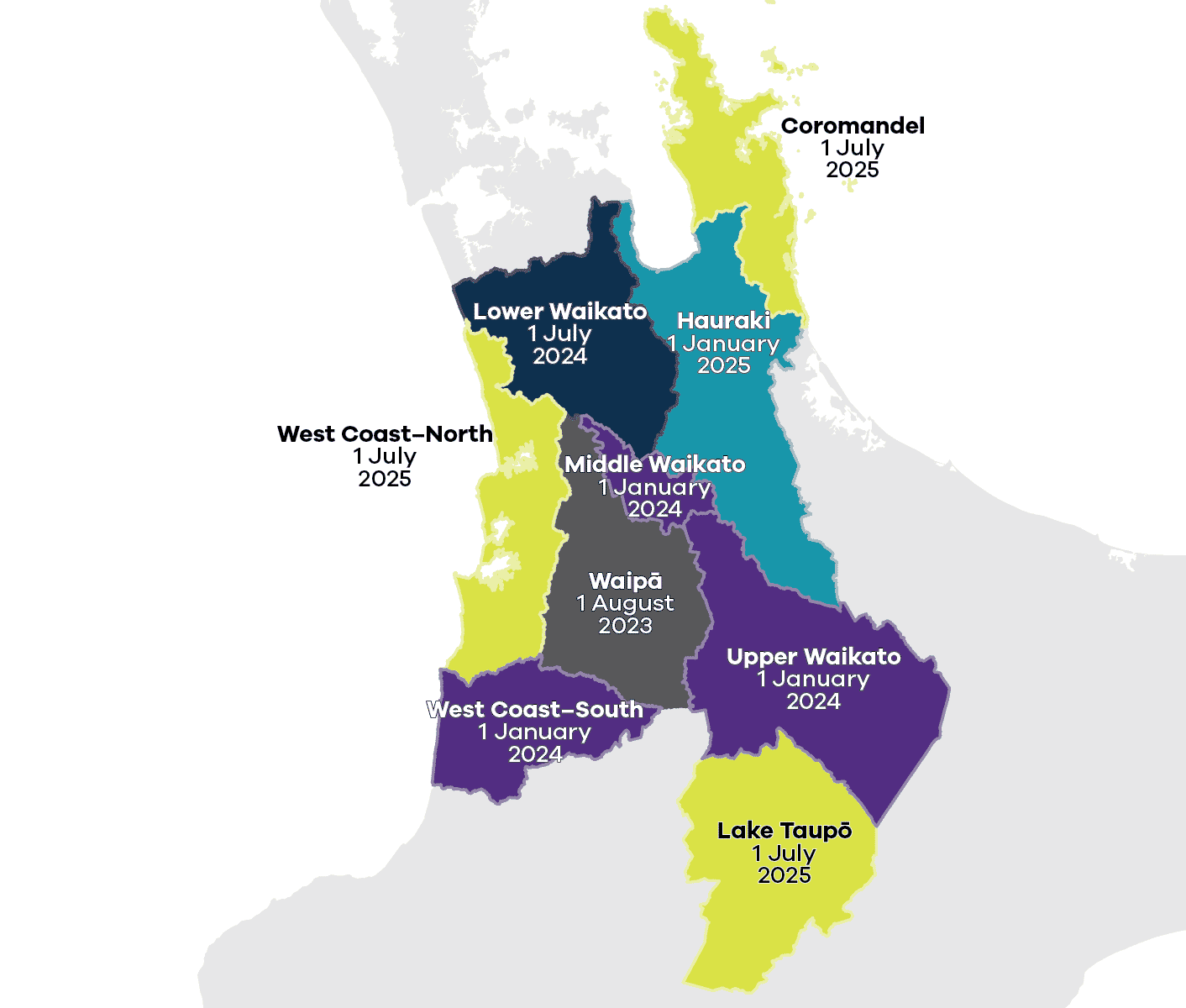 Map showing Freshwater Farm Plans Waikato region farm management unit areas and roll out dates