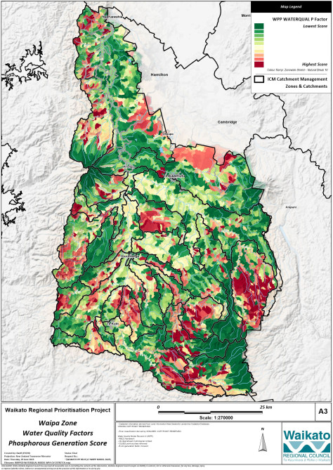 Figure 10. Modelled phosphorus risk to fresh water based primarily on land use, slope and soils. Red represents areas with the highest risk of phosphorus impacting fresh water; dark green represents areas with the lowest risk. 
