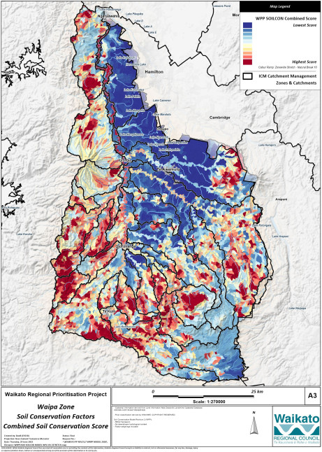 Figure 12. Modelled sediment risk to fresh water based on slope, land use/vegetation cover, streambank erosion, stock pressure and soils. Red represents areas with the highest risk of sediment being produced and impacting fresh water; dark blue represents areas with the lowest risk. 