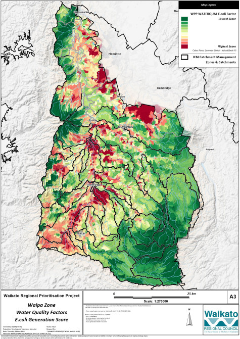 Figure 14. Modelled E. coli risk to fresh water based on land use/vegetation cover and stock pressure. Red represents areas with the highest risk of E. coli being produced and impacting fresh water; dark green represents areas with the lowest risk. 