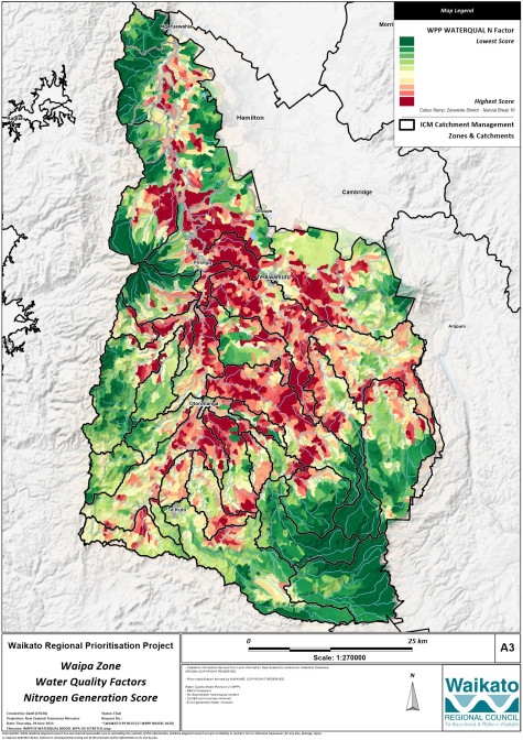 Figure 8. Modelled nitrogen risk to fresh water based primarily on land use and soils. Red represents areas with the highest risk of nitrogen impacting fresh water; dark green represents areas with the lowest. 