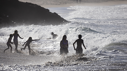 Image of several people playing in the waves at a beach