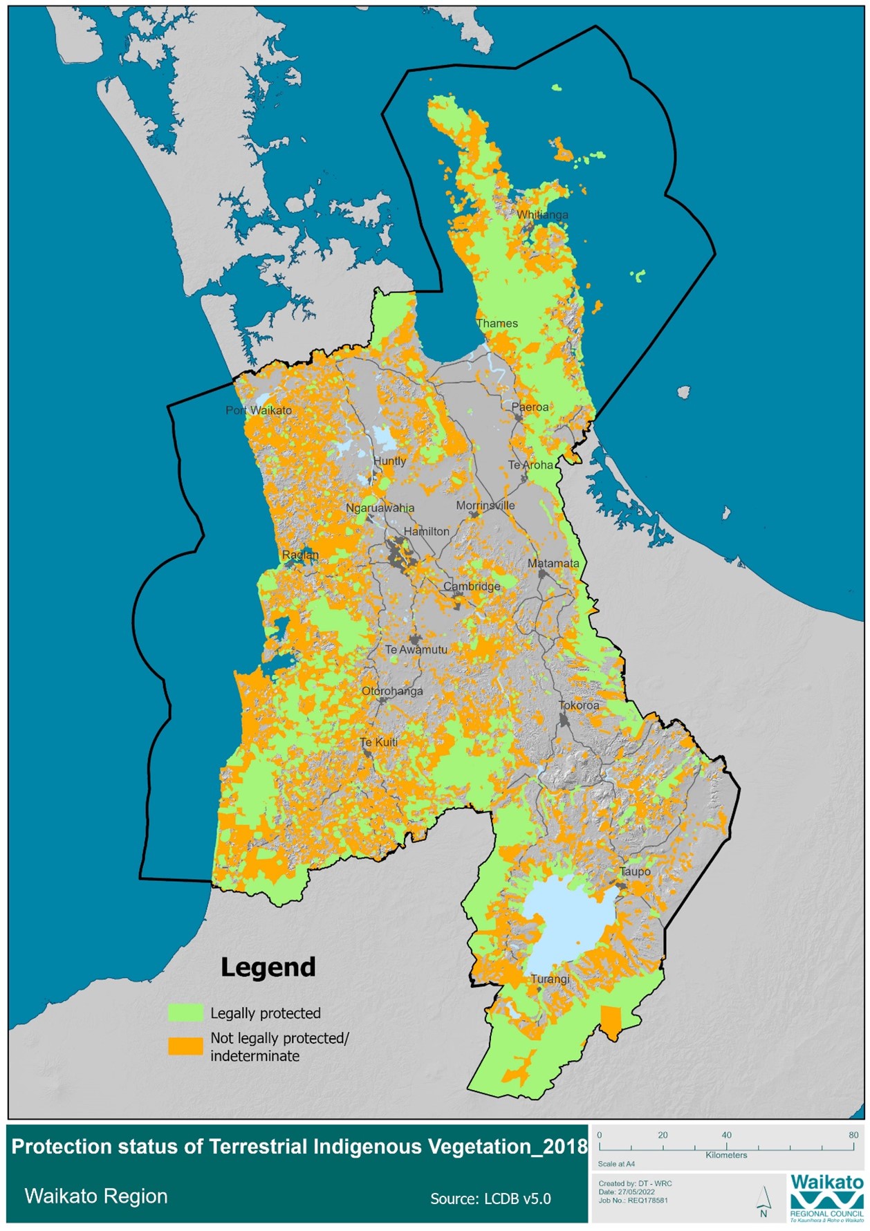 Map showing legally protected and not protected areas of indigenous vegetation in the Waikato
