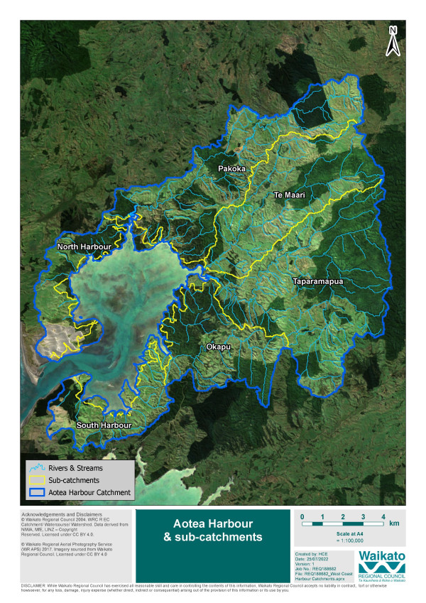 Aerial image showing sub-regions of Aotea Harbour catchment area