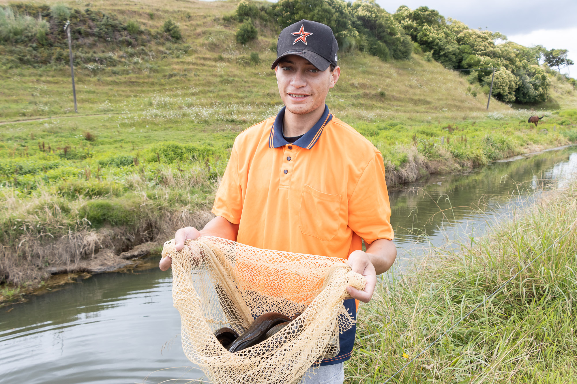 Tamati Brown releases some of the eels that have been tagged. 