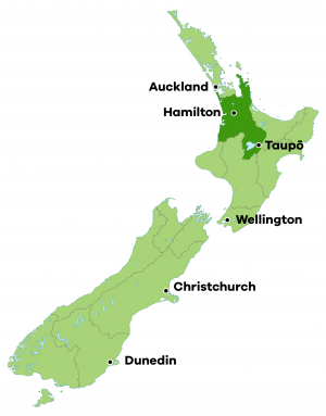 Map of New Zealand, with the Waikato region shown in dark green.