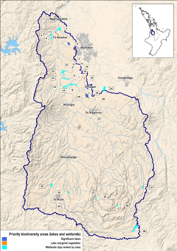 Map showing Wāipa priority biodiversity areas (lakes and wetlands)