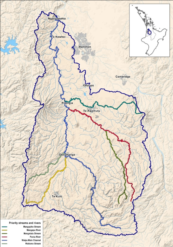map showing Wāipa priority streams and rivers