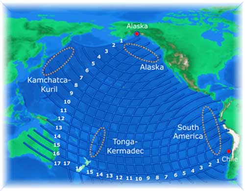 Image showing tsunami source areas and travel-times (hours)