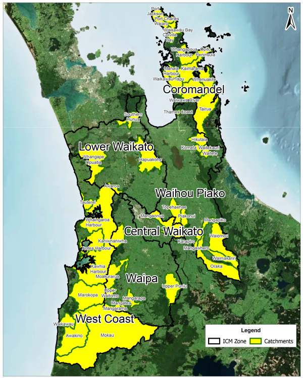 Map of the Waikato region with areas eligible to apply for funding in yellow.