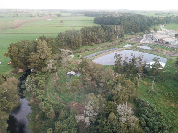 Aerial photo showing part of the Waitoa processing plant on the right and the Waitoa River running from top to bottom on the left of the picture 
